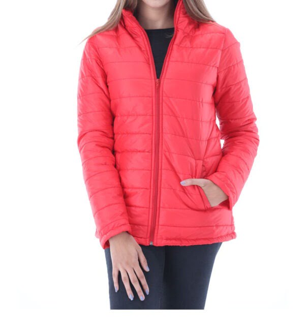 Women Red Puffer Jacket with Hooded Collar